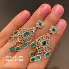 Emerald Rhinestone Chandelier Tassel Earrings Green