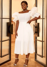 Exaggerated Puff Sleeves Pleated Hem Dress