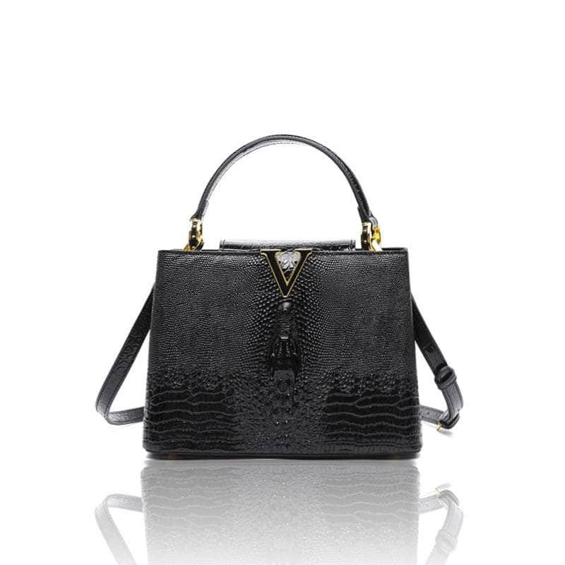 Exquisite Reptile-Inspired Leather Pattern Handbag Black