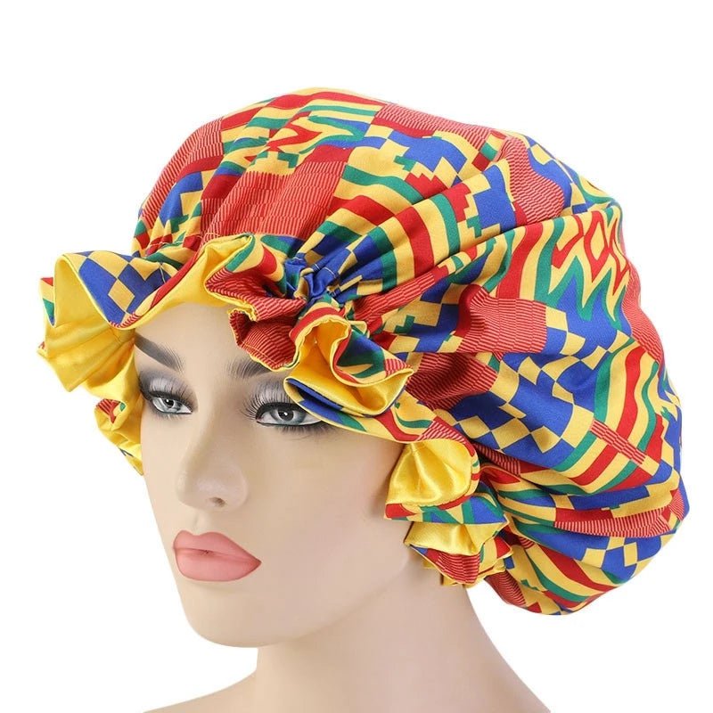 Extra Large African Pattern Satin Bonnet for Women Yellow