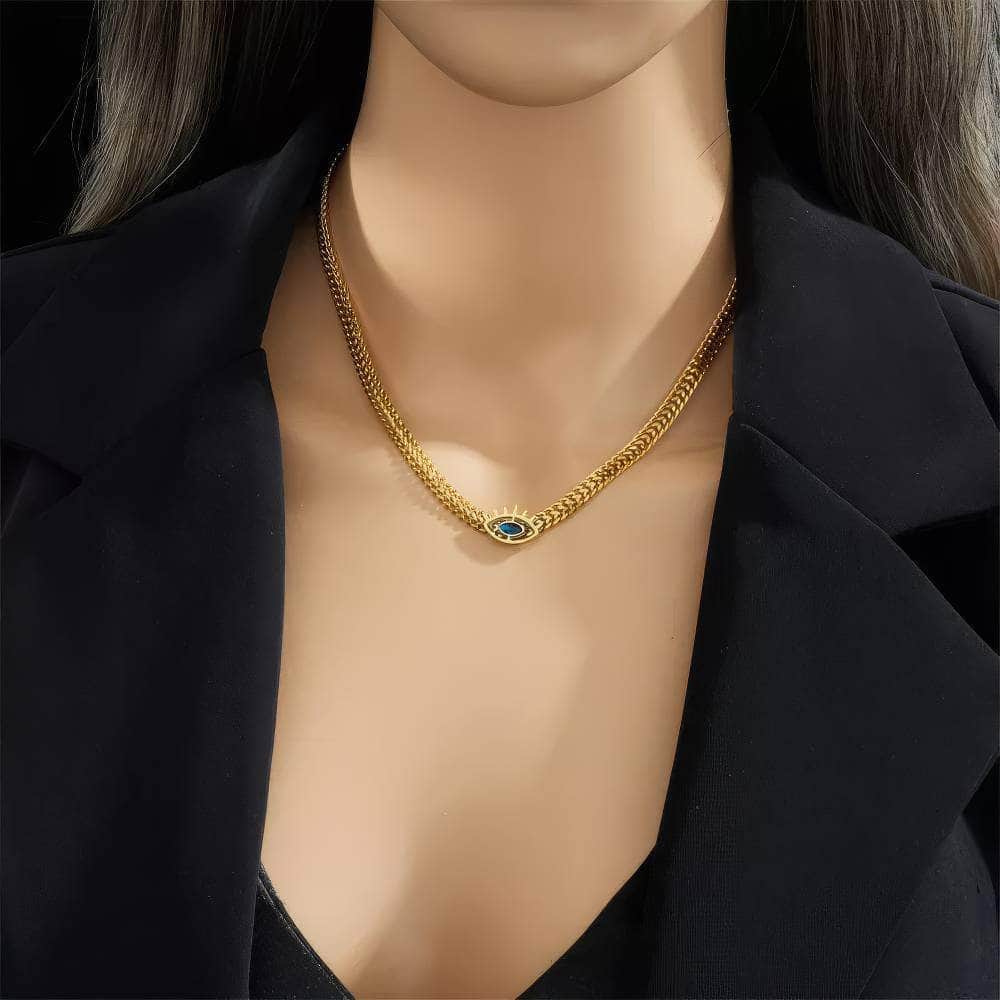 Eye-Shaped Blue Zircon Necklace: Vintage Thick Chains N1922