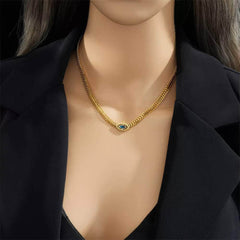 Eye-Shaped Blue Zircon Necklace: Vintage Thick Chains N1922