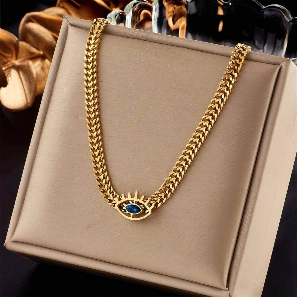 Eye-Shaped Blue Zircon Necklace: Vintage Thick Chains N1922