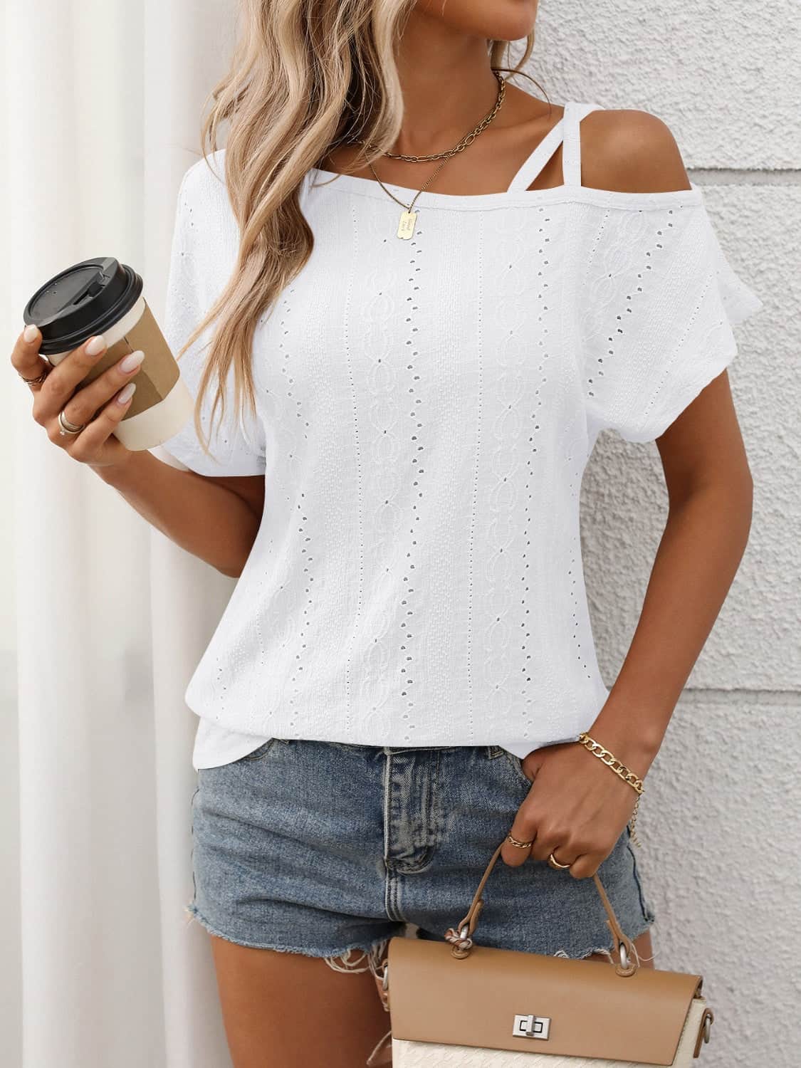 Eyelet Asymmetrical Shoulder Short Sleeve T-Shirt