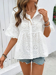 Eyelet Button Down Half Sleeve Shirt