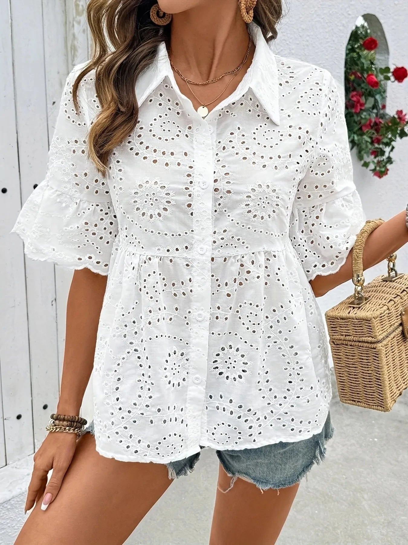 Eyelet Button Down Half Sleeve Shirt