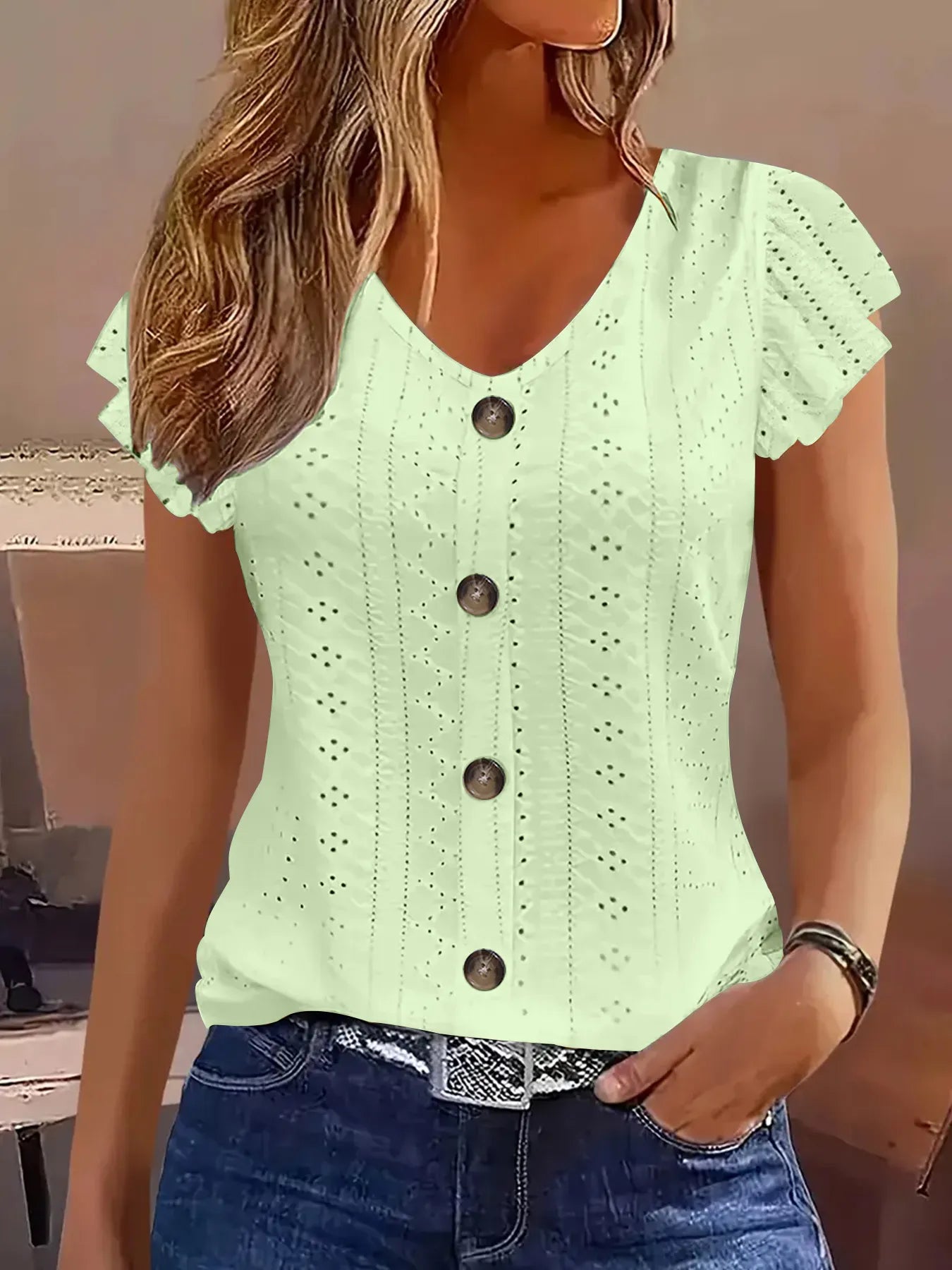 Eyelet Button-Front Flutter Sleeve Top Neon Green / S