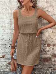 Eyelet Drawstring Round Neck Sleeveless Dress Taupe / S