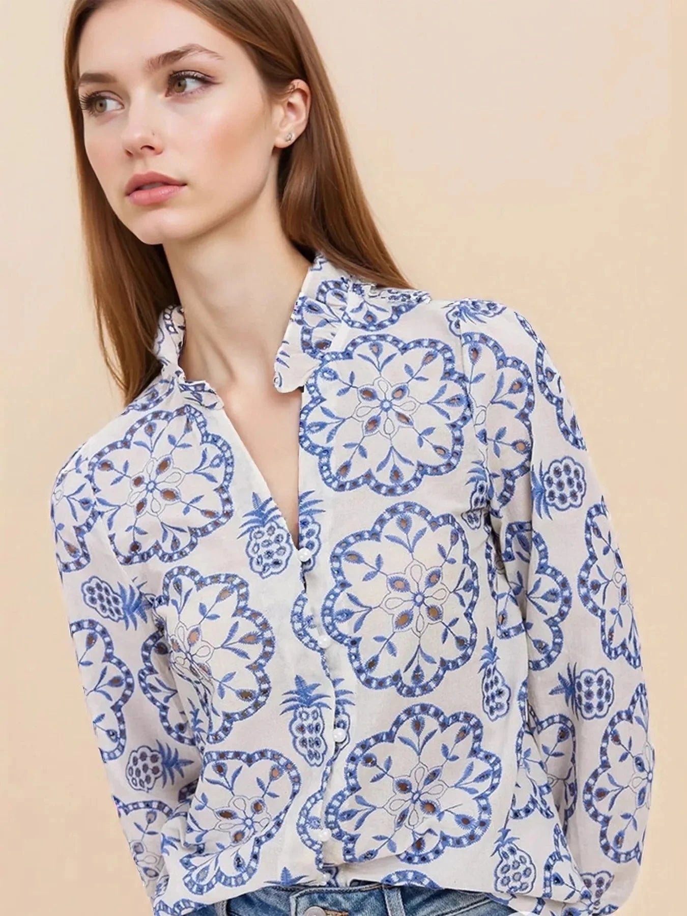 Eyelet Embroidered Long Sleeve Shirt