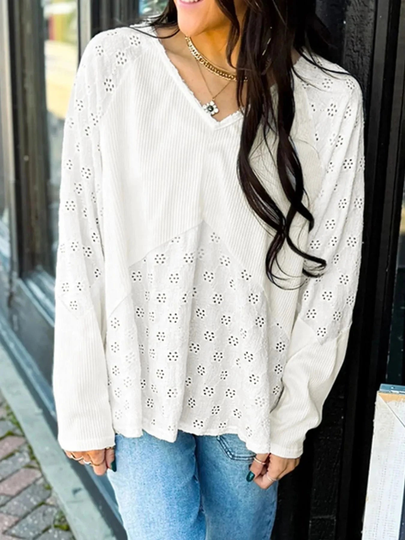 Eyelet Embroidered Loose V Neck Long Sleeve Top