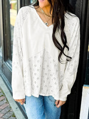 Eyelet Embroidered Loose V Neck Long Sleeve Top