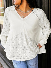 Eyelet Embroidered Loose V Neck Long Sleeve Top