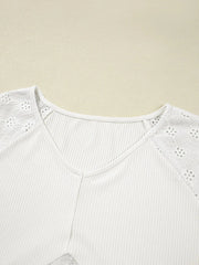 Eyelet Embroidered Loose V Neck Long Sleeve Top
