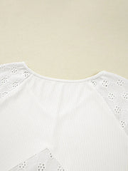 Eyelet Embroidered Loose V Neck Long Sleeve Top