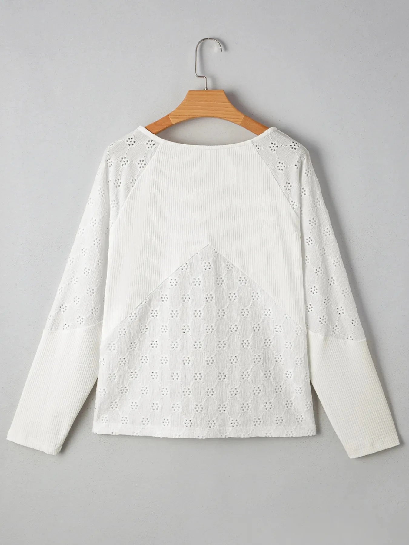 Eyelet Embroidered Loose V Neck Long Sleeve Top