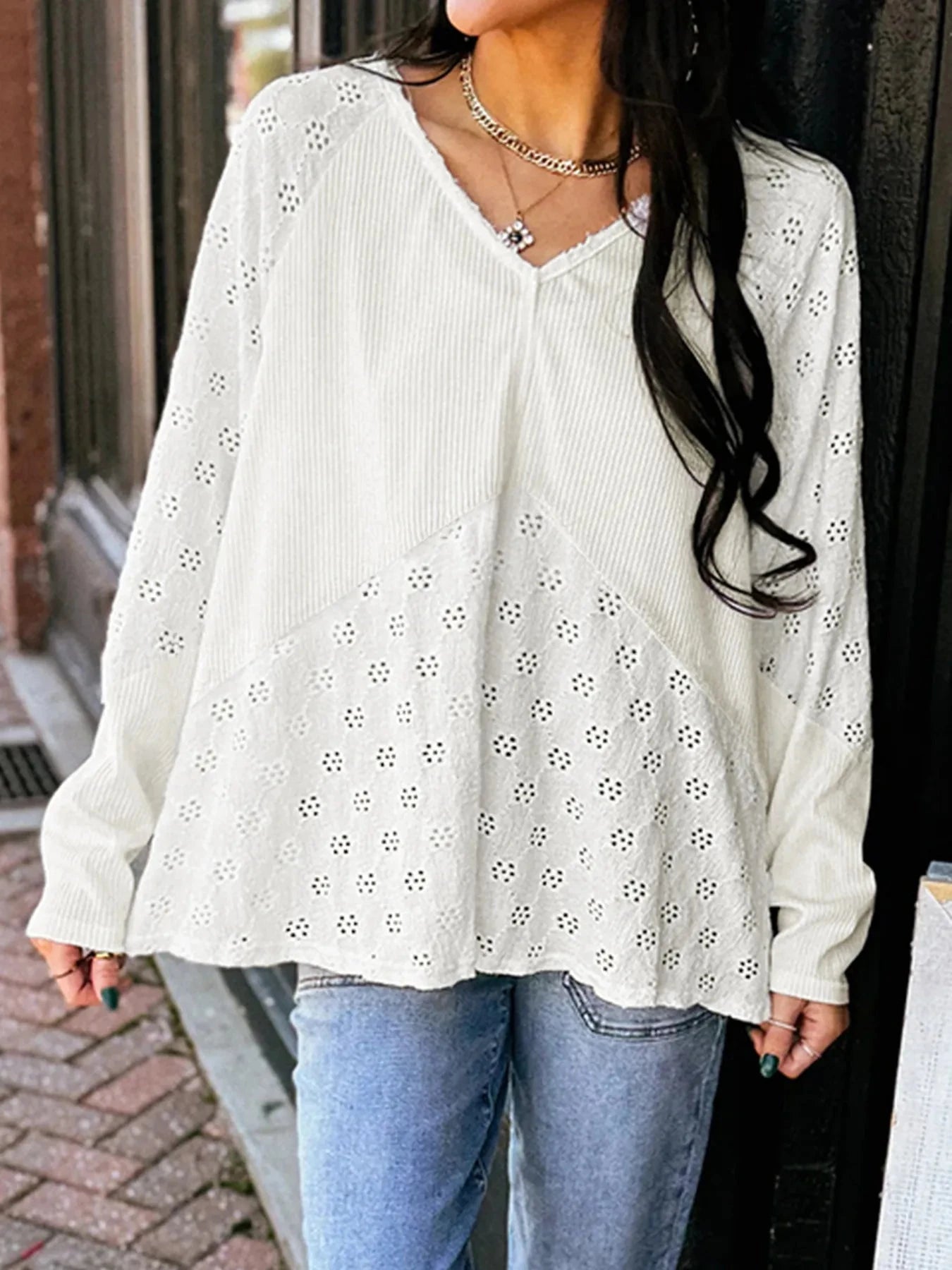 Eyelet Embroidered Loose V Neck Long Sleeve Top