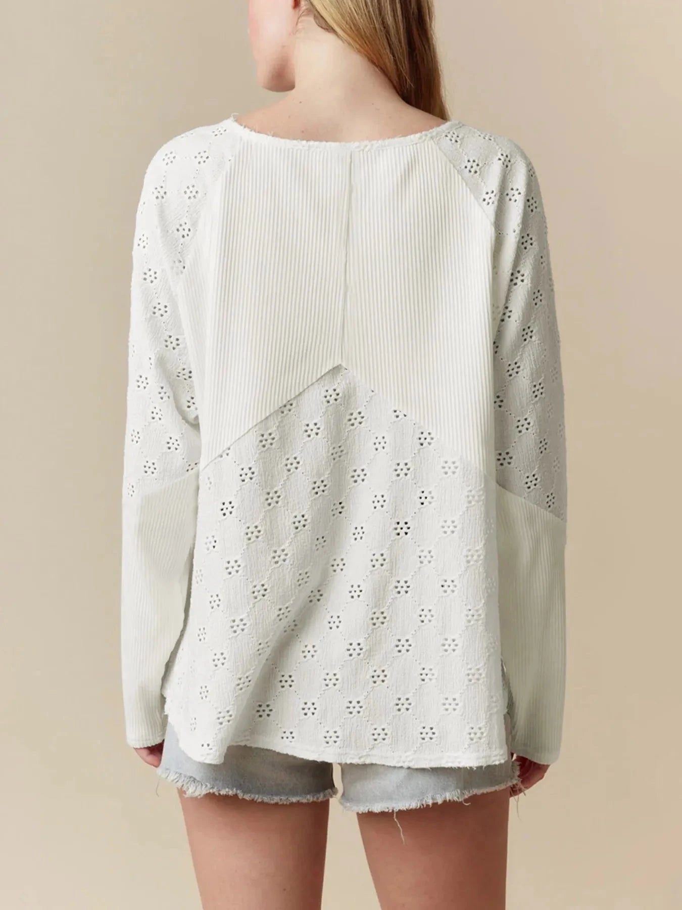 Eyelet Embroidered Loose V Neck Long Sleeve Top