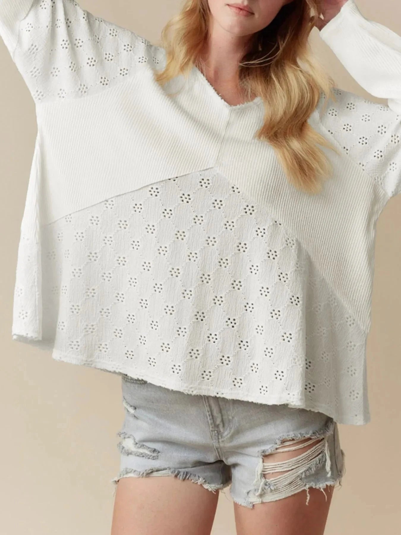 Eyelet Embroidered Loose V Neck Long Sleeve Top