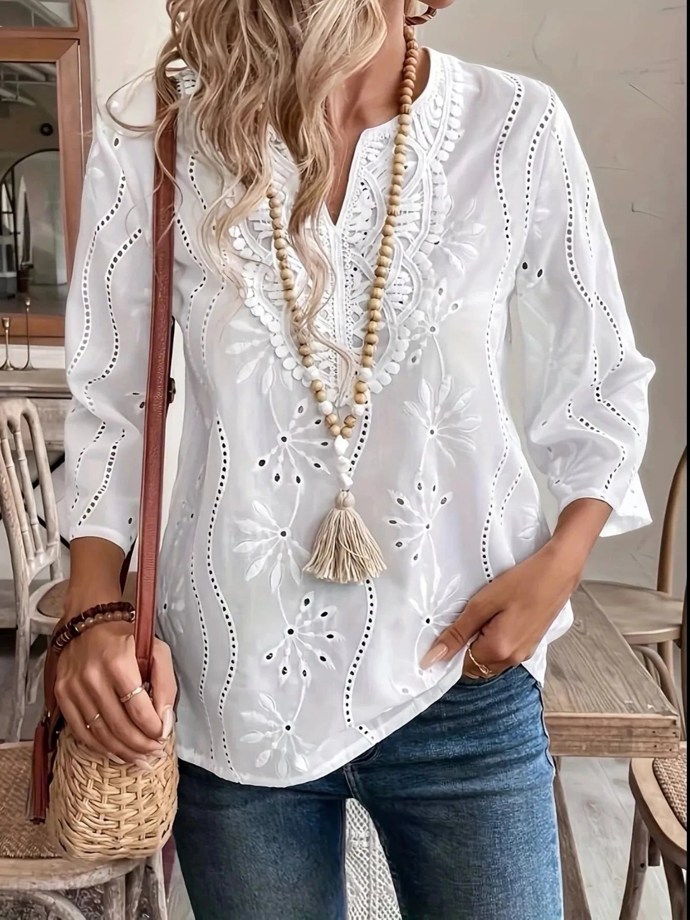 Eyelet Embroidered Notched Blouse White / S