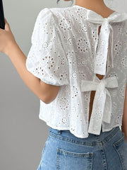 Eyelet Embroidered Puff Sleeve Tie-Back Blouse