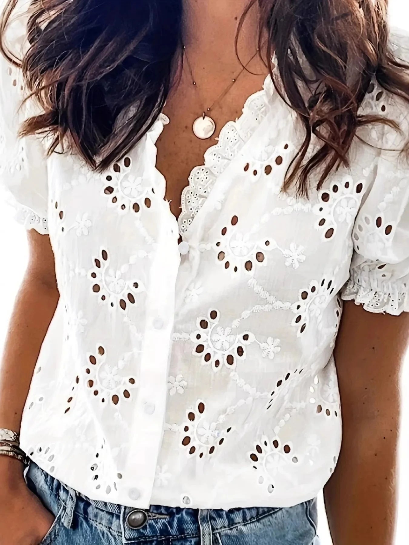 Eyelet Embroidered Short Sleeve Shirt White / S