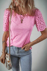 Eyelet Embroidery Scalloped Sleeve Round Neck Top Pink / L