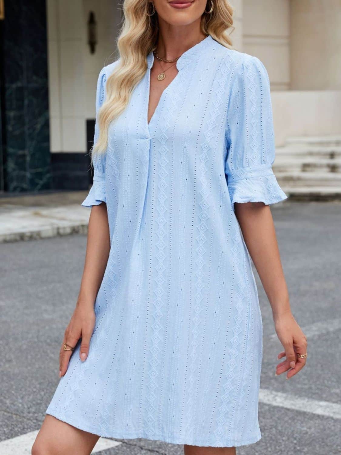 Eyelet Flounce Sleeve Mini Dress