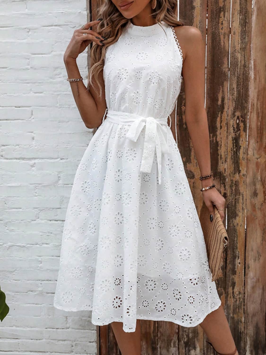 Eyelet Grecian Neck Tie Waist Midi Dress