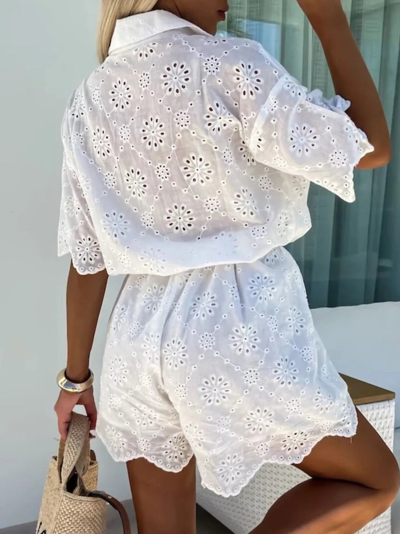 Eyelet Lace Button-Up Romper