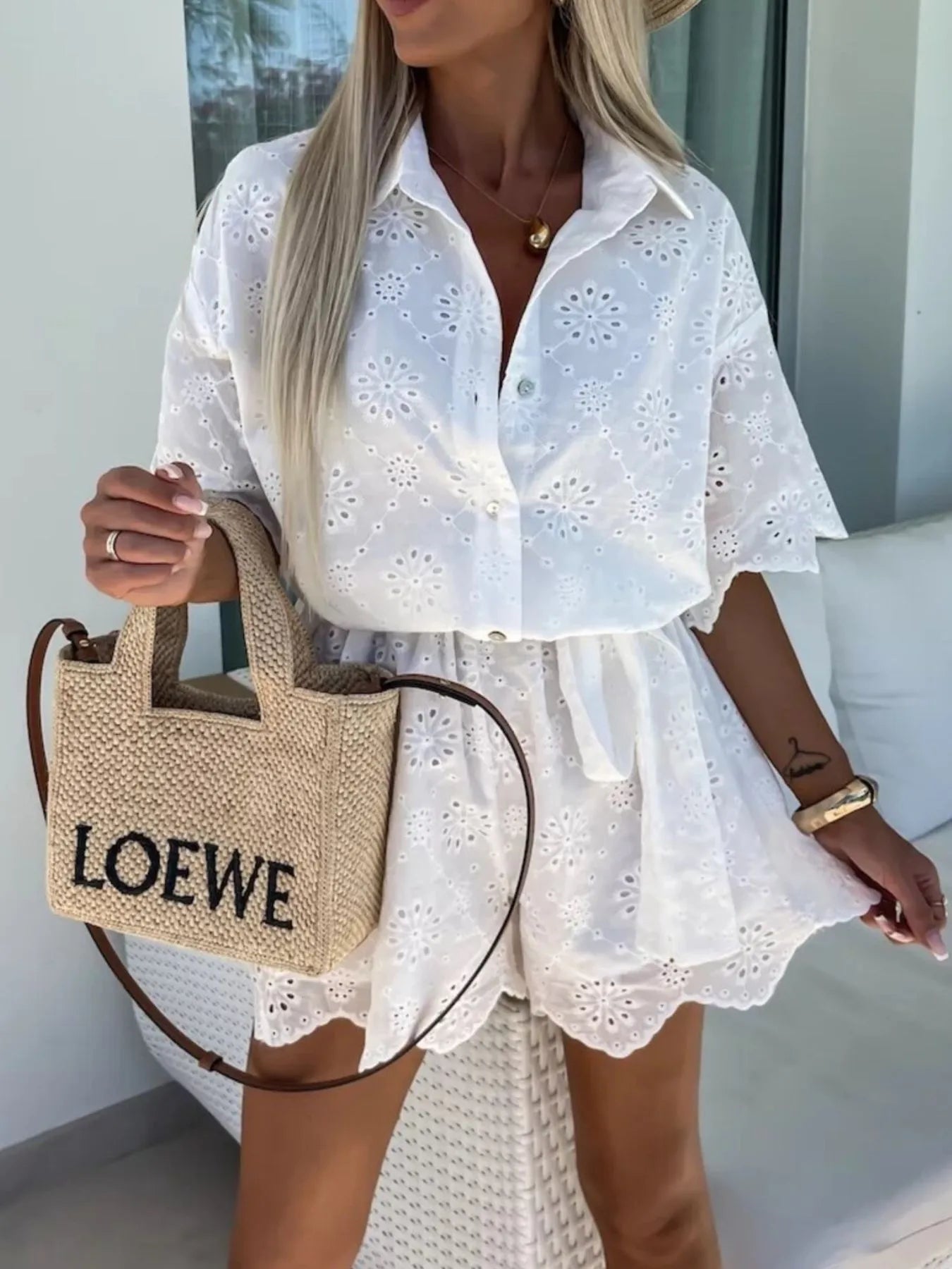 Eyelet Lace Button-Up Romper White / S