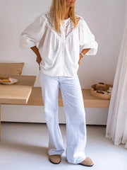 Eyelet Lace Detail Long Sleeve Blouse