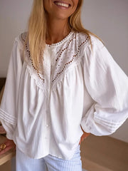 Eyelet Lace Detail Long Sleeve Blouse White / S