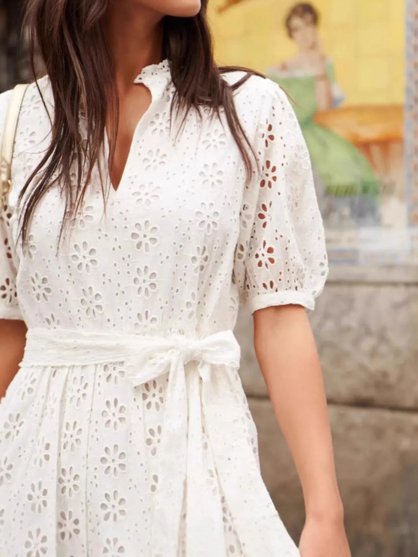 Eyelet Lace Mini Dress with Puff Sleeves