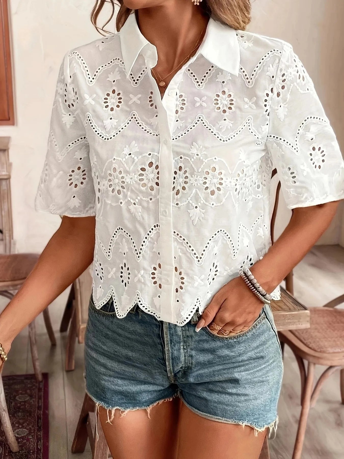 Eyelet Lace Short Sleeve Button-Up Shirt White / S