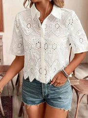 Eyelet Lace Short Sleeve Button-Up Shirt White / S