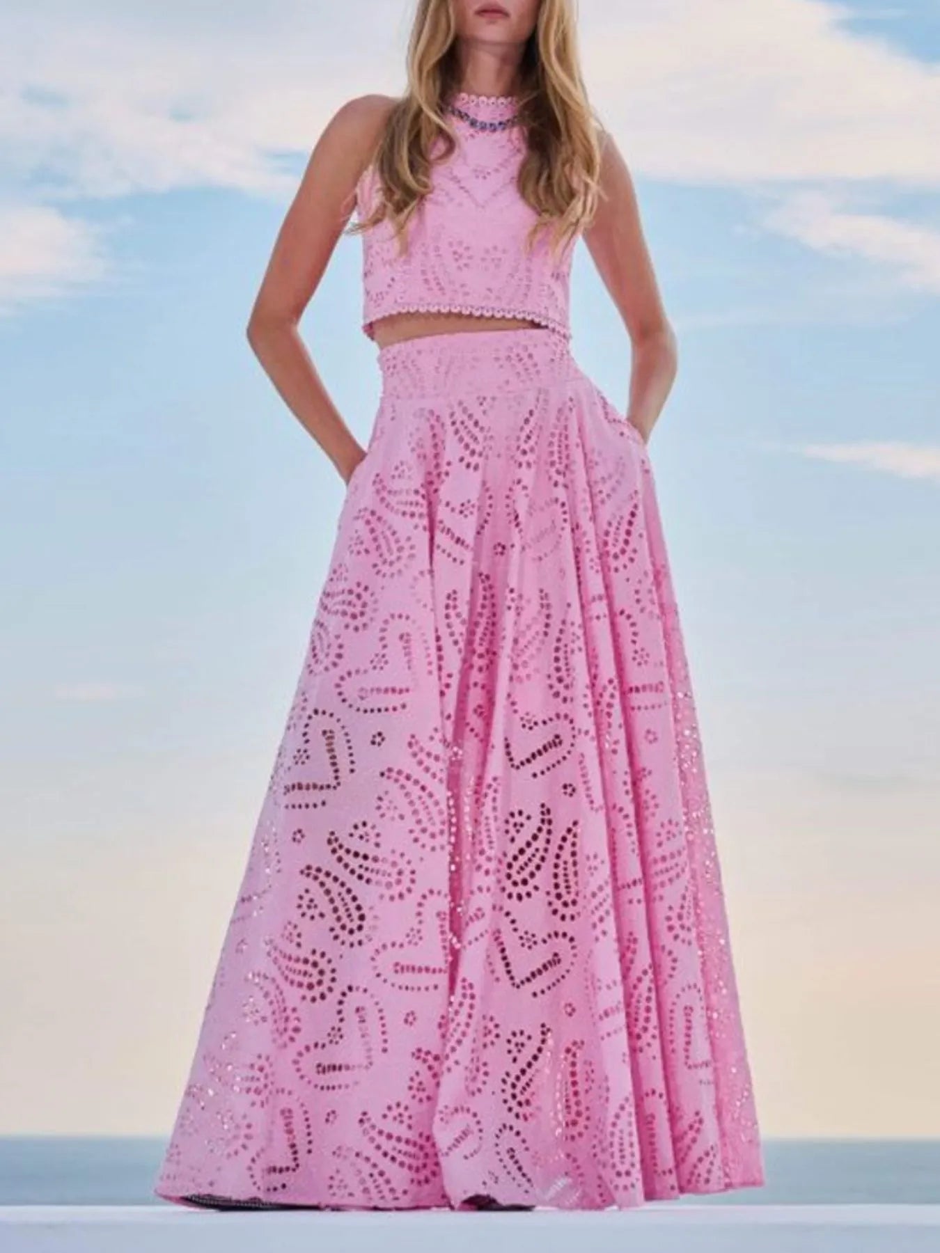 Eyelet Lace Top and Maxi Skirt Set Pink / S