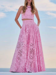 Eyelet Lace Top and Maxi Skirt Set Pink / S