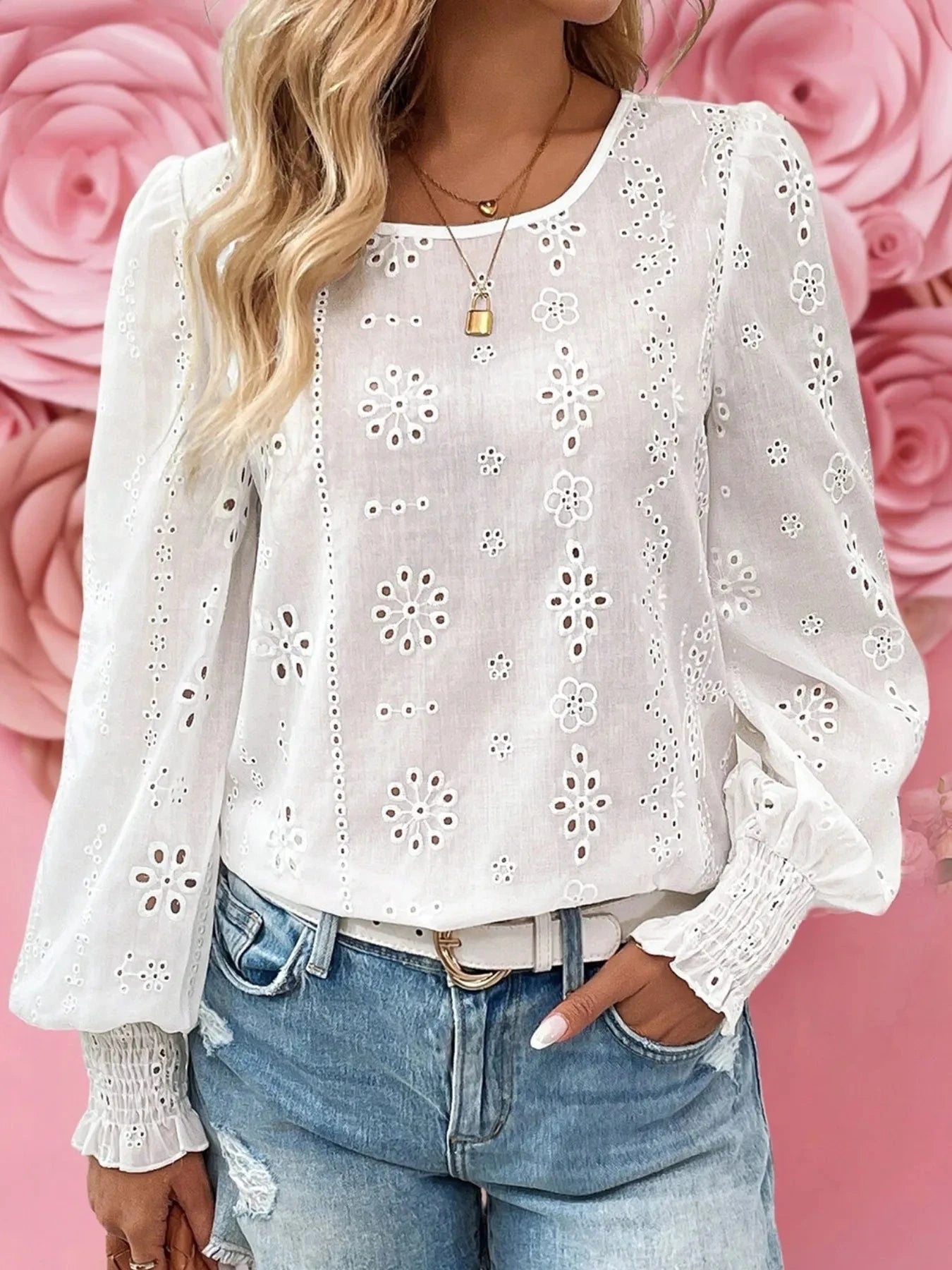 Eyelet Long Sleeve Blouse with Elastic Cuffs