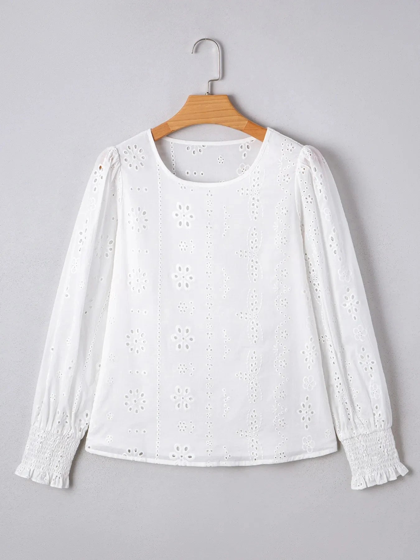 Eyelet Long Sleeve Blouse with Elastic Cuffs