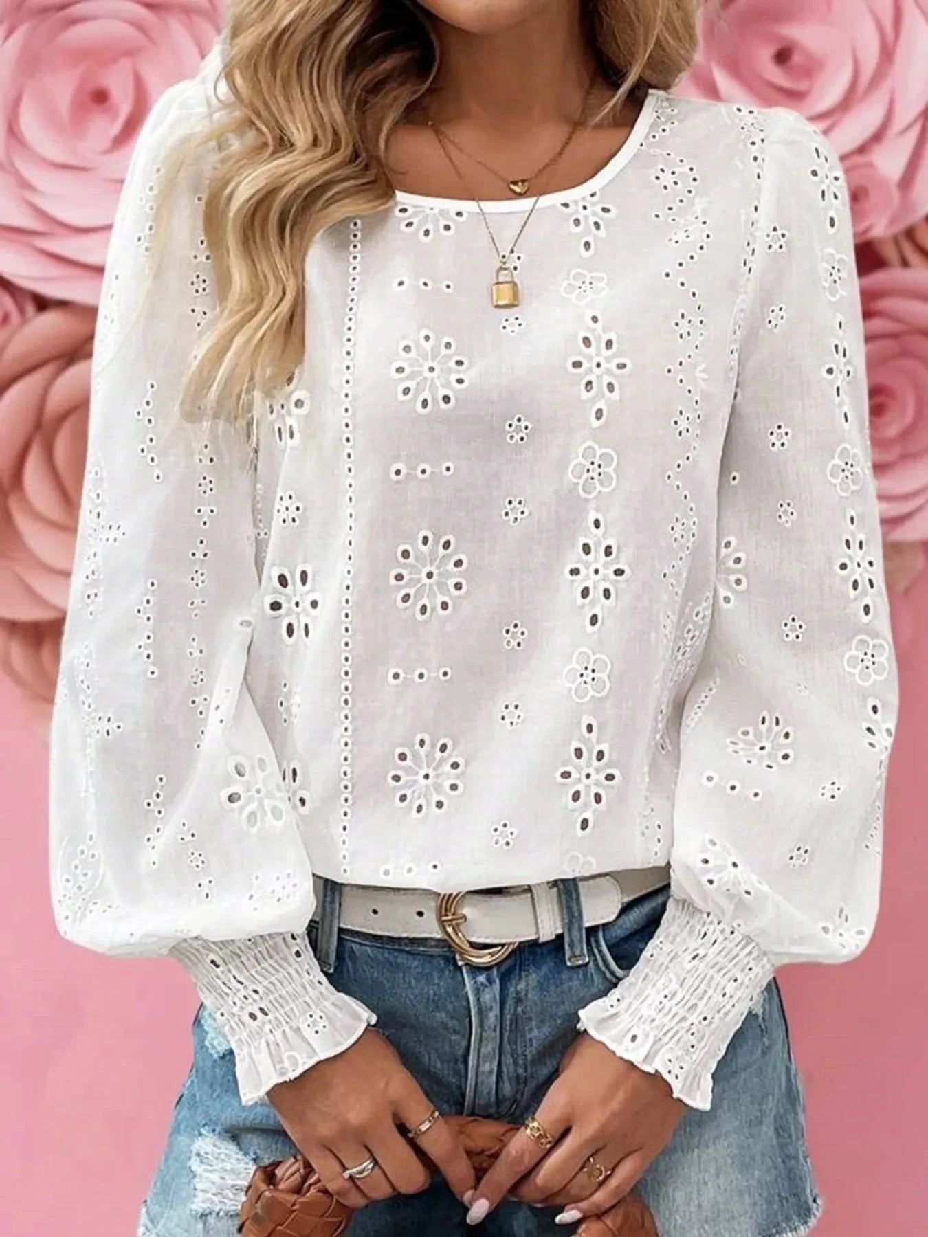 Eyelet Long Sleeve Blouse with Elastic Cuffs