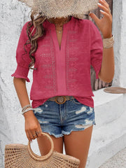 Eyelet Notched Flounce Sleeve Blouse