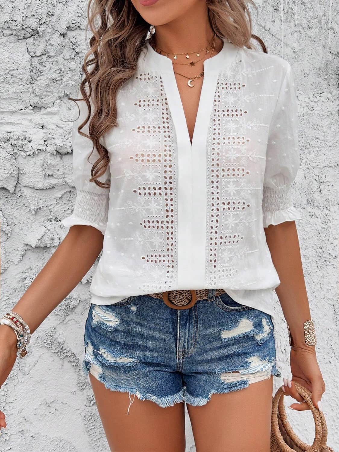 Eyelet Notched Flounce Sleeve Blouse White / S
