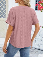 Eyelet Notched Short Sleeve Blouse