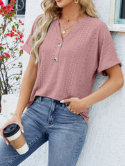 Eyelet Notched Short Sleeve Blouse