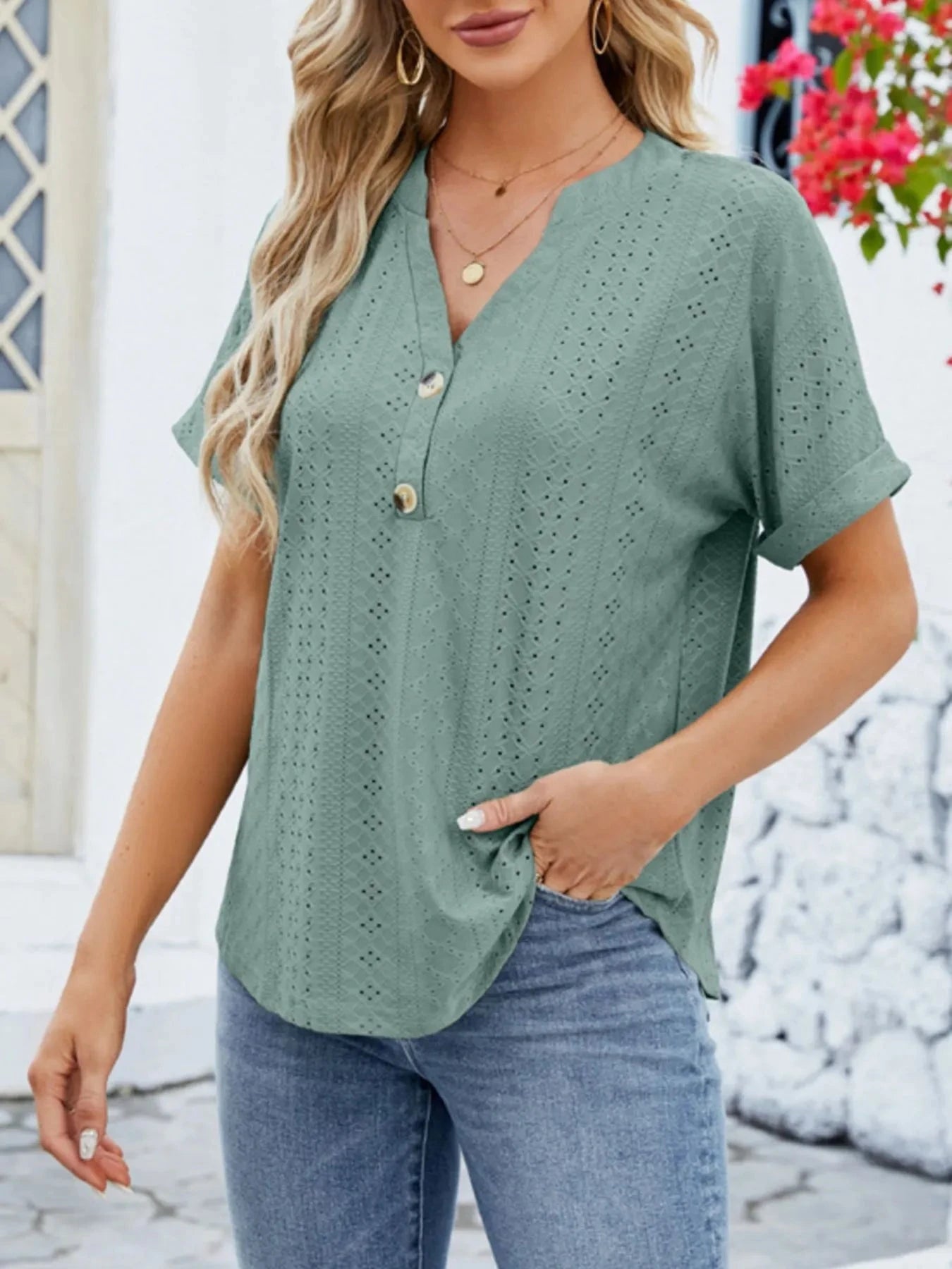 Eyelet Notched Short Sleeve Blouse