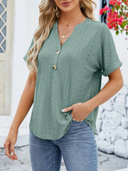 Eyelet Notched Short Sleeve Blouse
