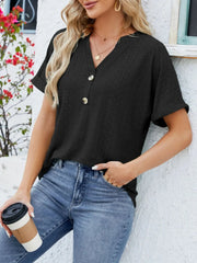 Eyelet Notched Short Sleeve Blouse