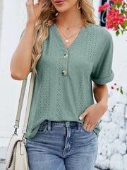 Eyelet Notched Short Sleeve Blouse