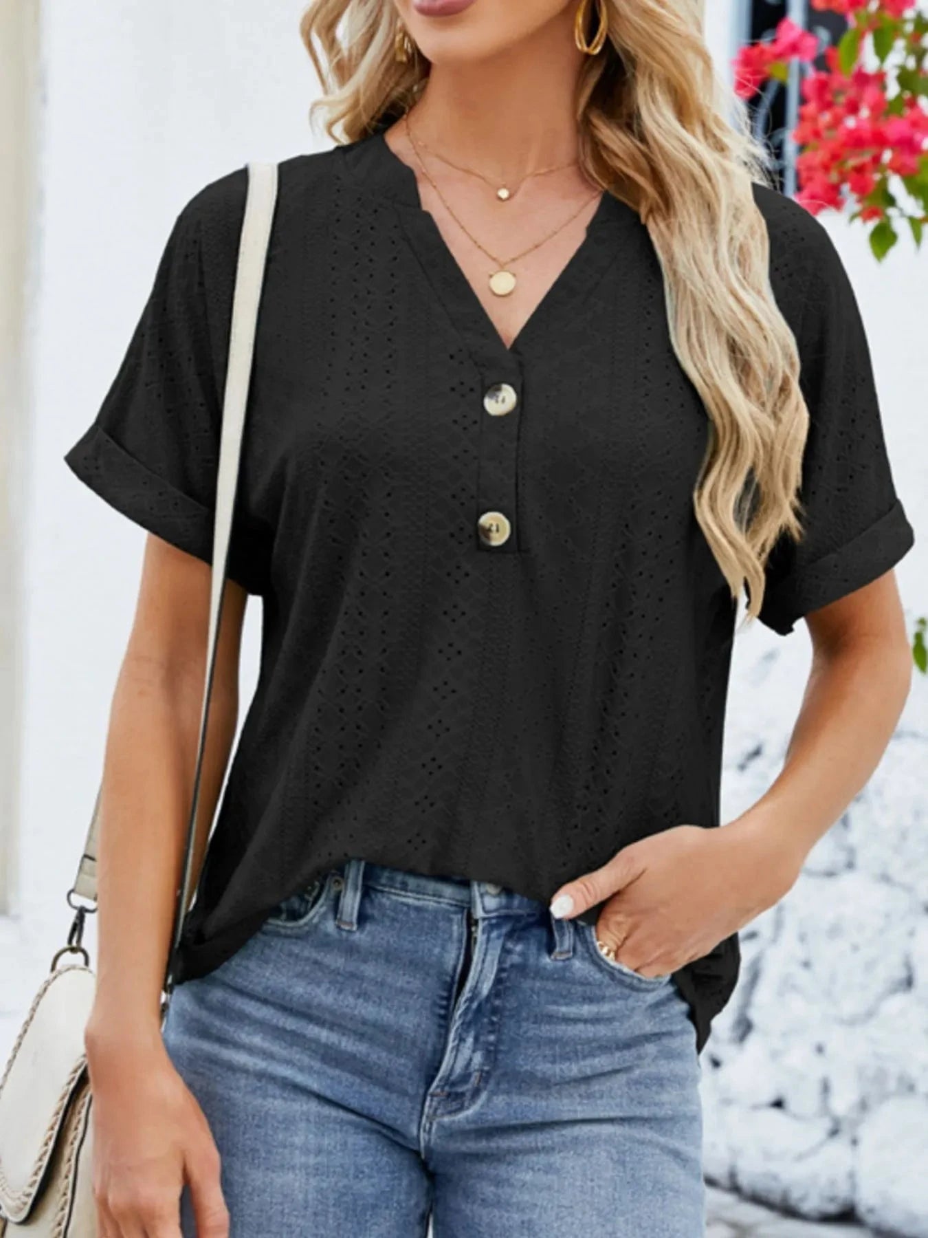 Eyelet Notched Short Sleeve Blouse Black / S
