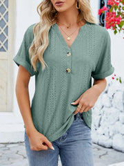 Eyelet Notched Short Sleeve Blouse Dark Green / S